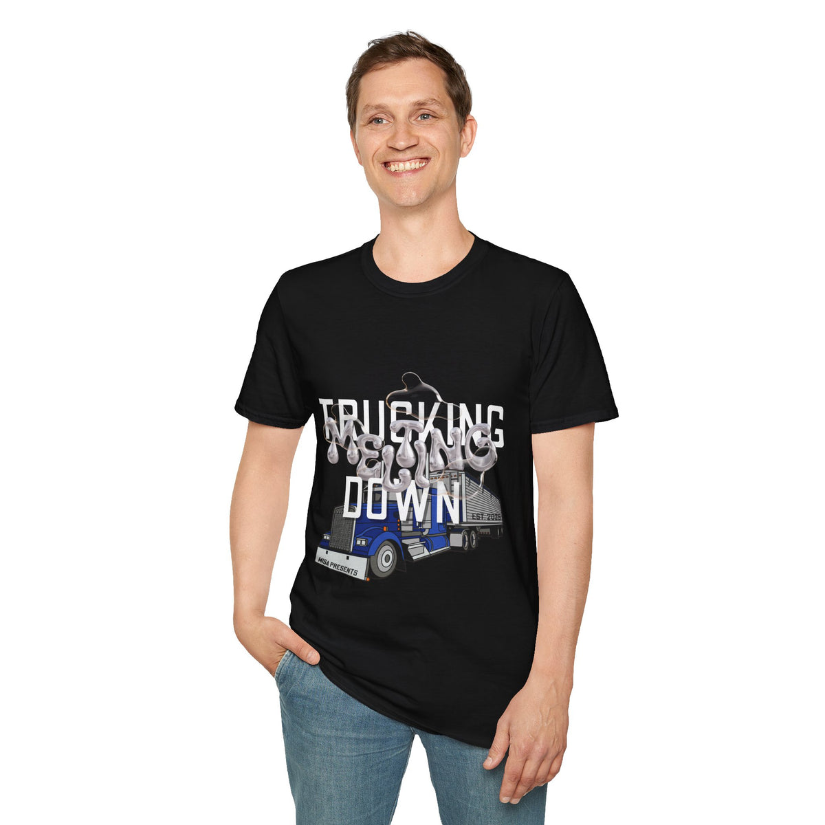 Dark heather gray Trucking Collection T-Shirt by Printify featuring bold graphic celebrating the worst market in a decade.
