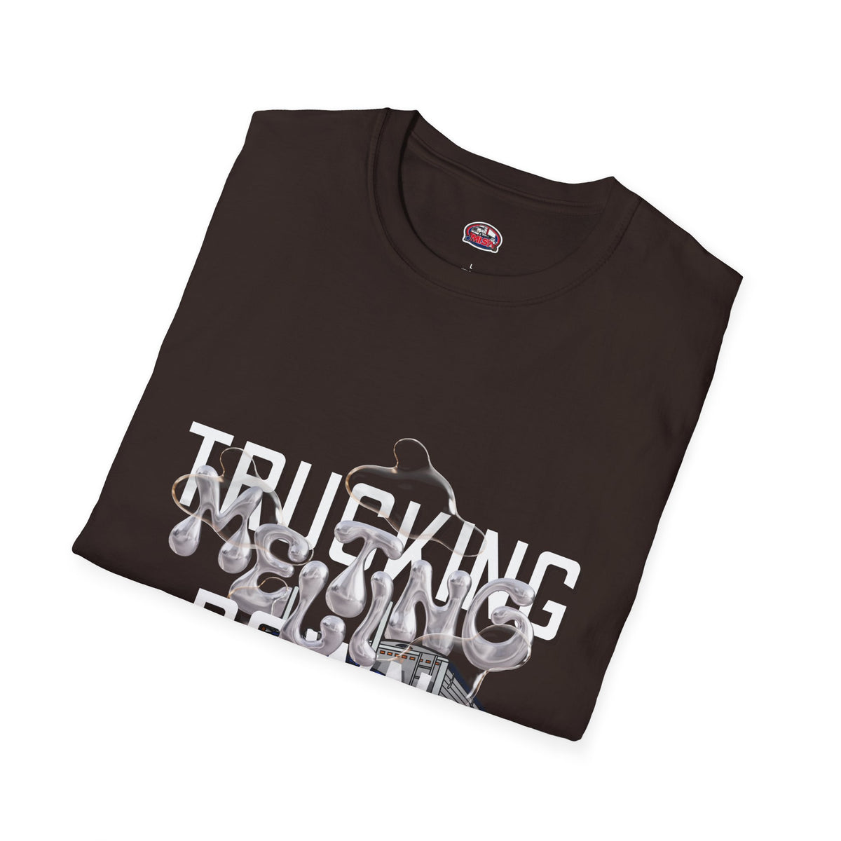 Dark heather trucking collection T-shirt by Printify featuring bold graphic celebrating the worst market in a decade.