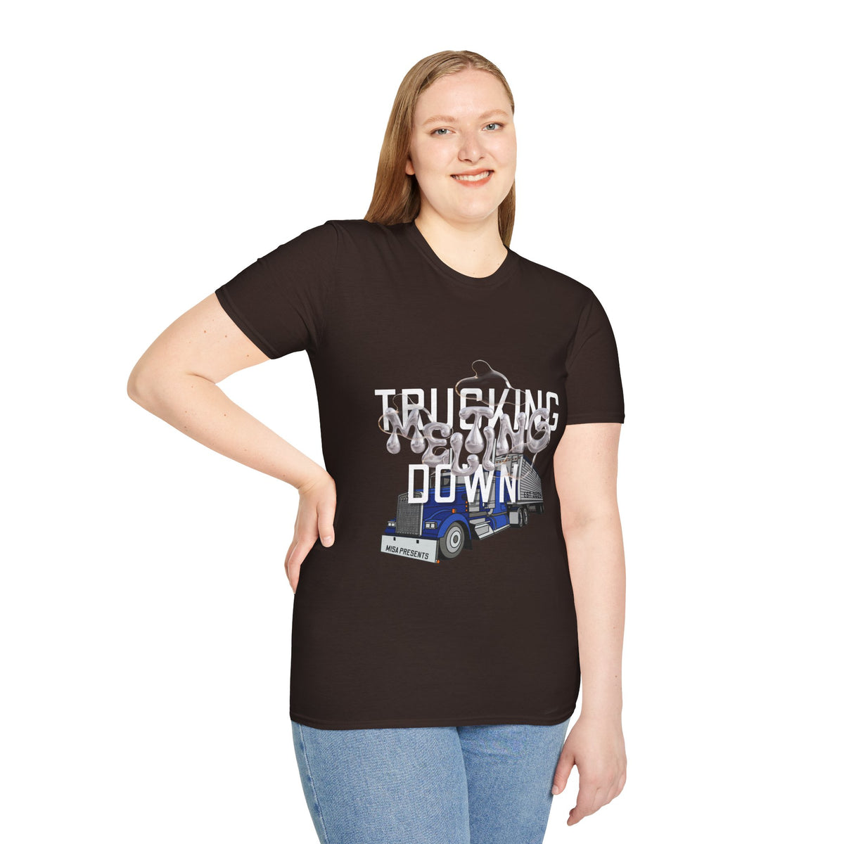 Dark heather trucking collection T-shirt from Printify featuring bold design celebrating the worst market in a decade.