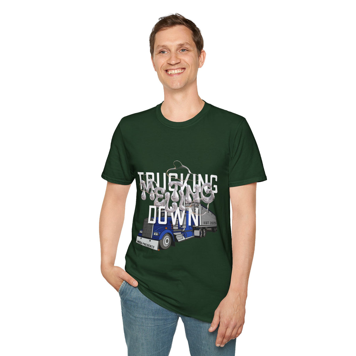 Dark heather Trucking Collection T-Shirt by Printify featuring bold graphics celebrating the worst market in a decade.