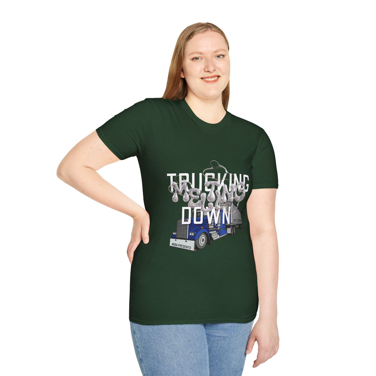 Dark heather Trucking Collection T-Shirt by Printify featuring bold graphic celebrating the worst market in a decade.
