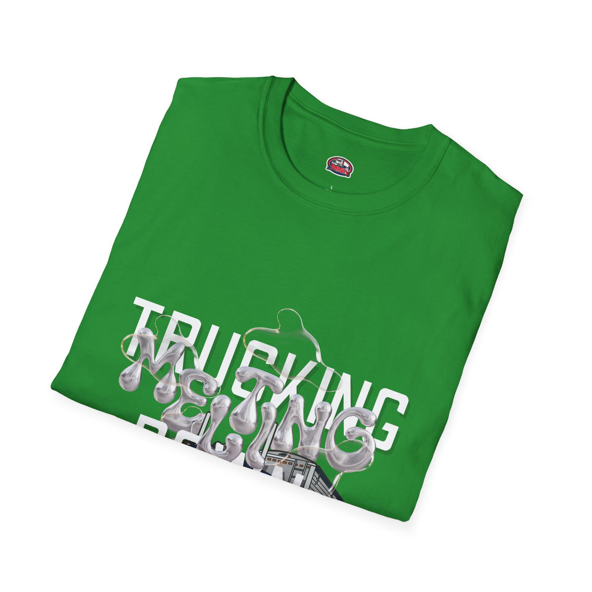 Dark heather Trucking Collection T-Shirt by Printify featuring bold graphic celebrating the worst market in a decade.
