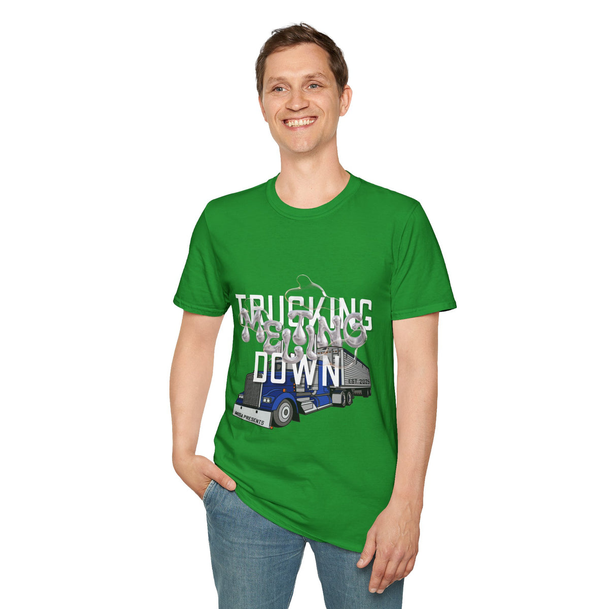 Dark heather Trucking Collection T-Shirt by Printify featuring bold graphics celebrating the worst market in a decade.