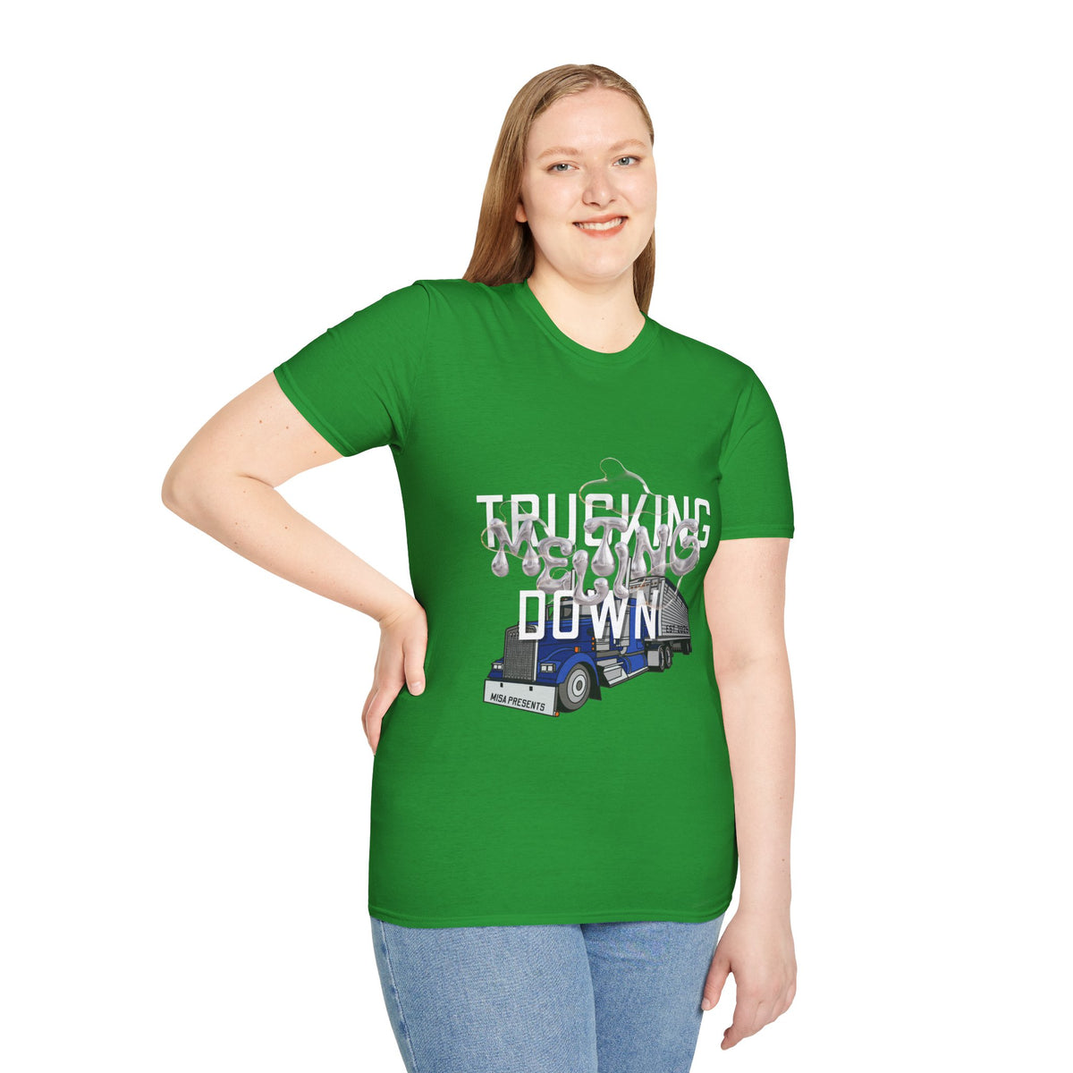 Dark heather trucking collection T-shirt by Printify featuring bold text celebrating the worst market in a decade.