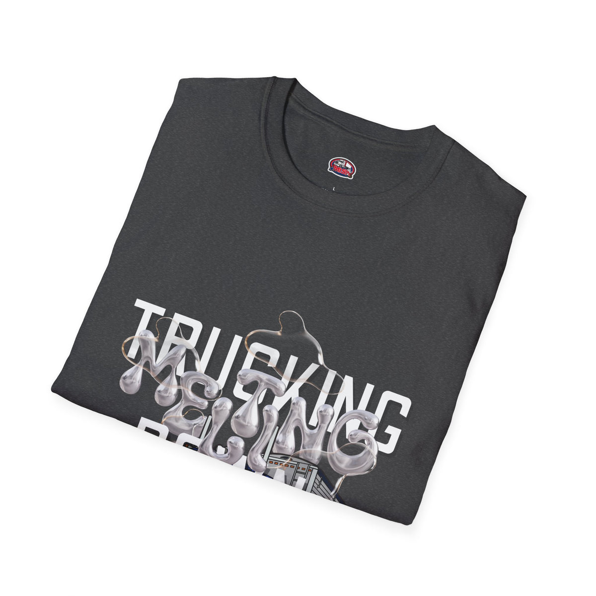 Dark heather Trucking Collection T-Shirt by Printify featuring bold graphics celebrating the worst market in a decade.