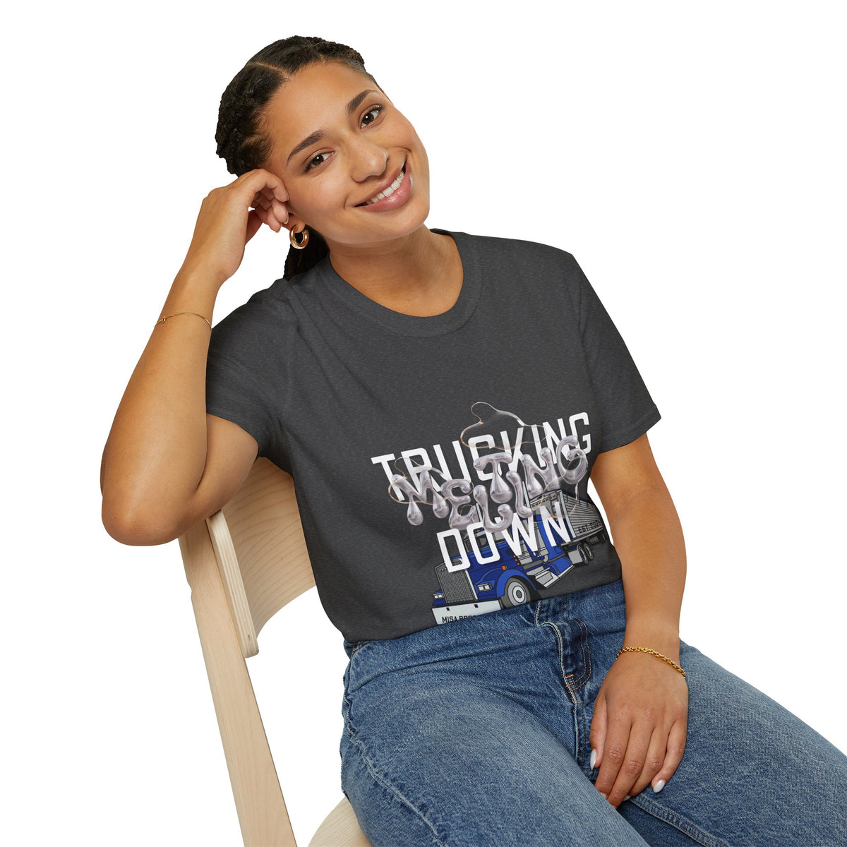 Dark heather trucking collection T-shirt by Printify, featuring bold graphic celebrating the worst market in a decade.