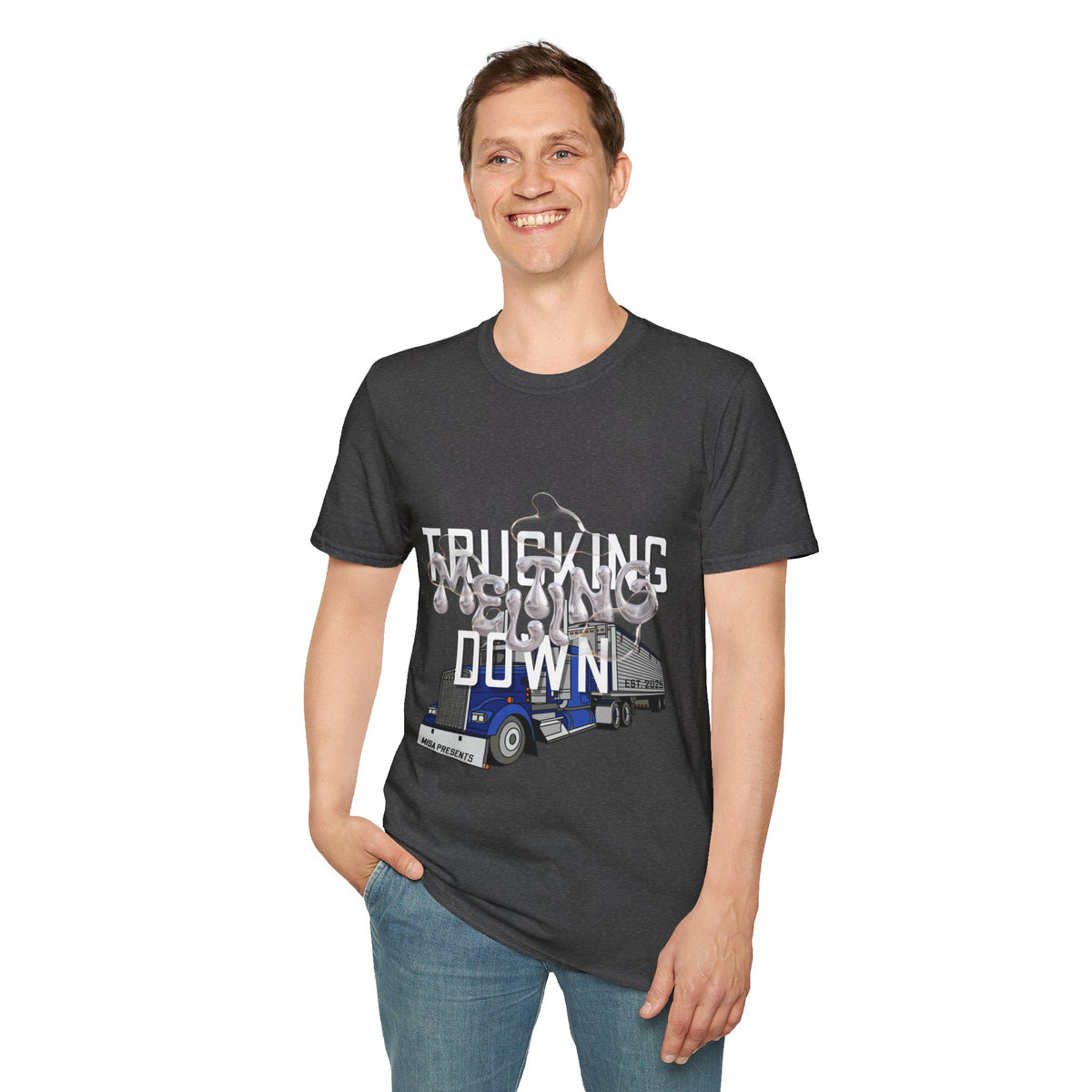 Dark heather Trucking Collection T-Shirt by Printify featuring bold graphics celebrating the worst market in a decade.