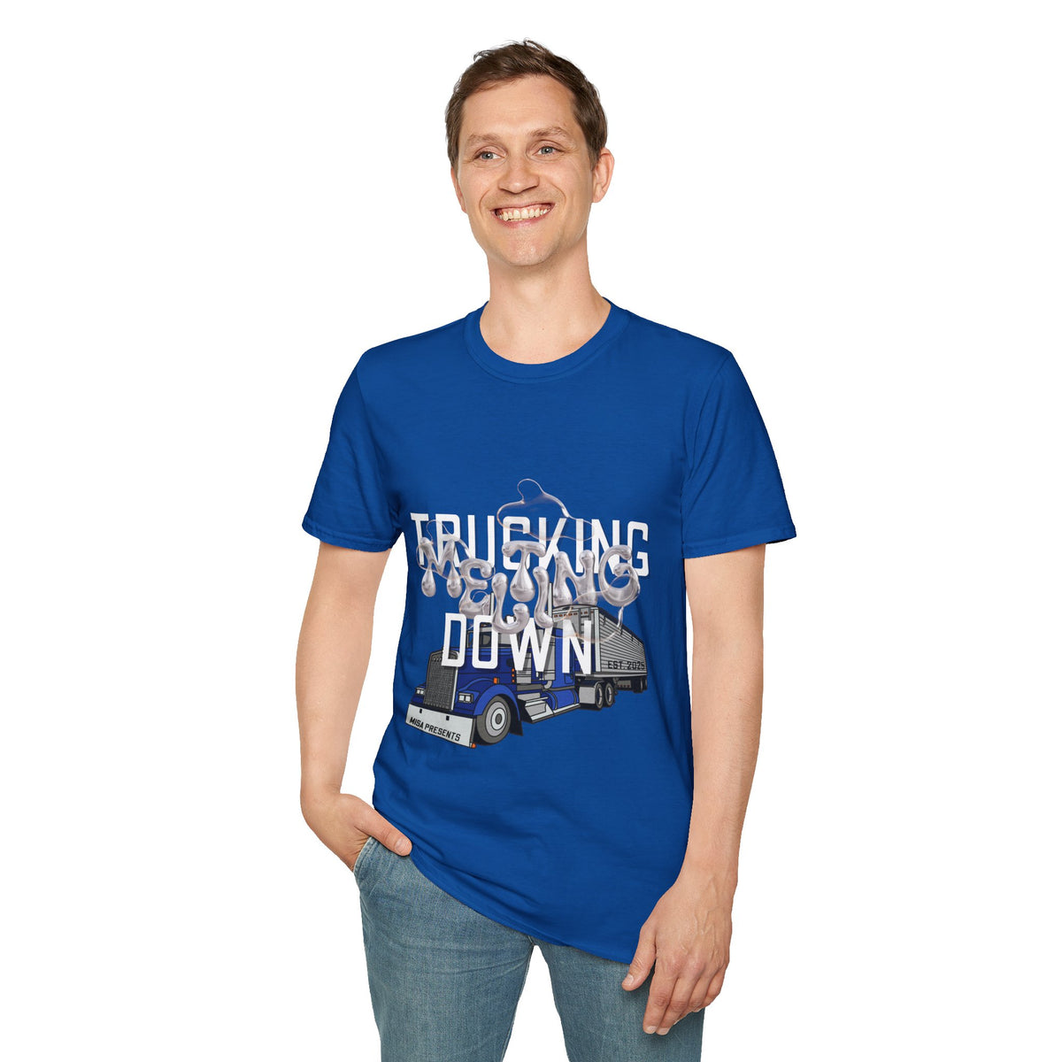 Dark heather Trucking Collection T-Shirt by Printify featuring bold graphic celebrating the worst market in a decade.