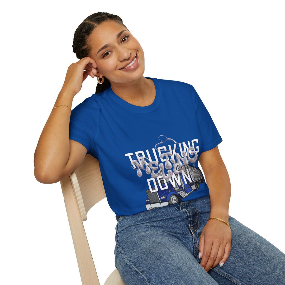 Dark heather Trucking Collection T-Shirt by Printify featuring a graphic celebrating the worst market in a decade.