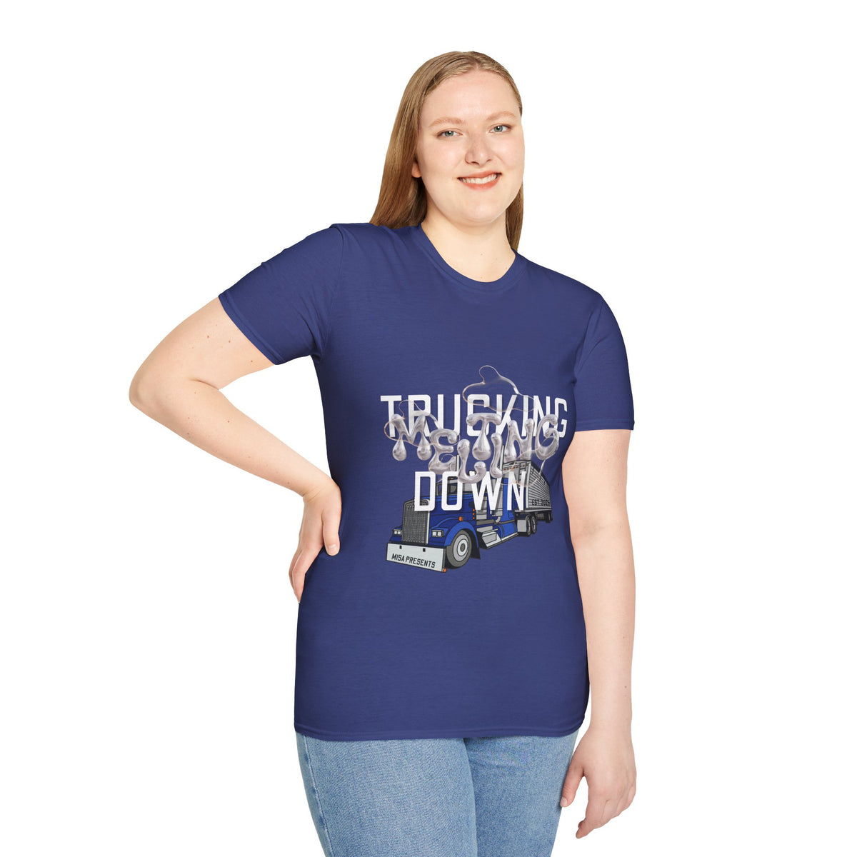 Dark heather Trucking Collection T-Shirt by Printify featuring bold graphic celebrating the worst market in a decade.