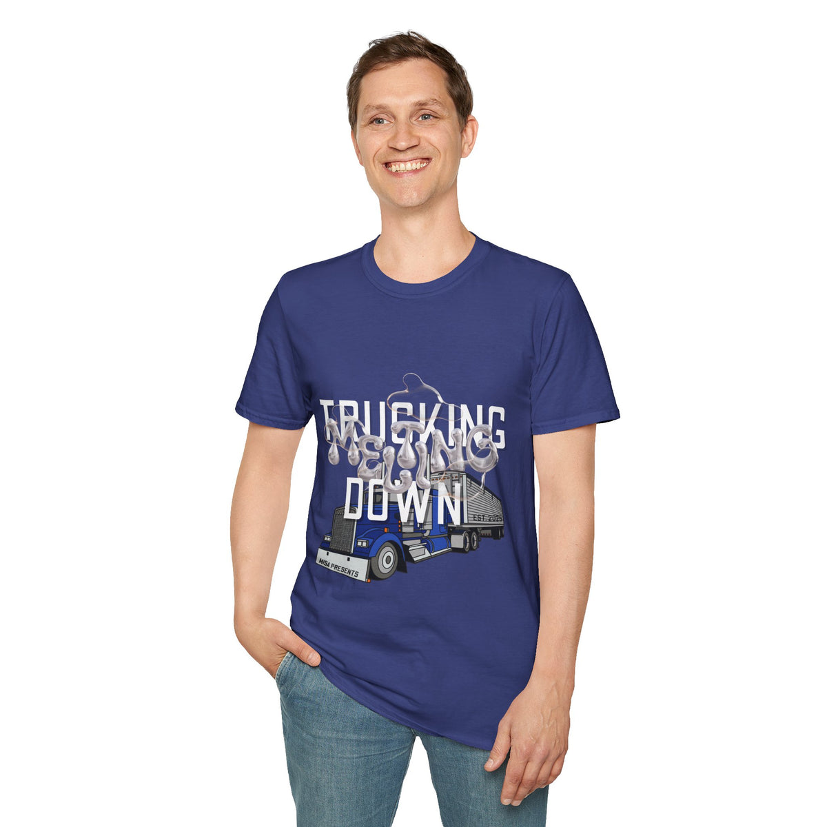 Dark heather Trucking Collection T-Shirt by Printify featuring bold graphic celebrating the worst market in a decade.