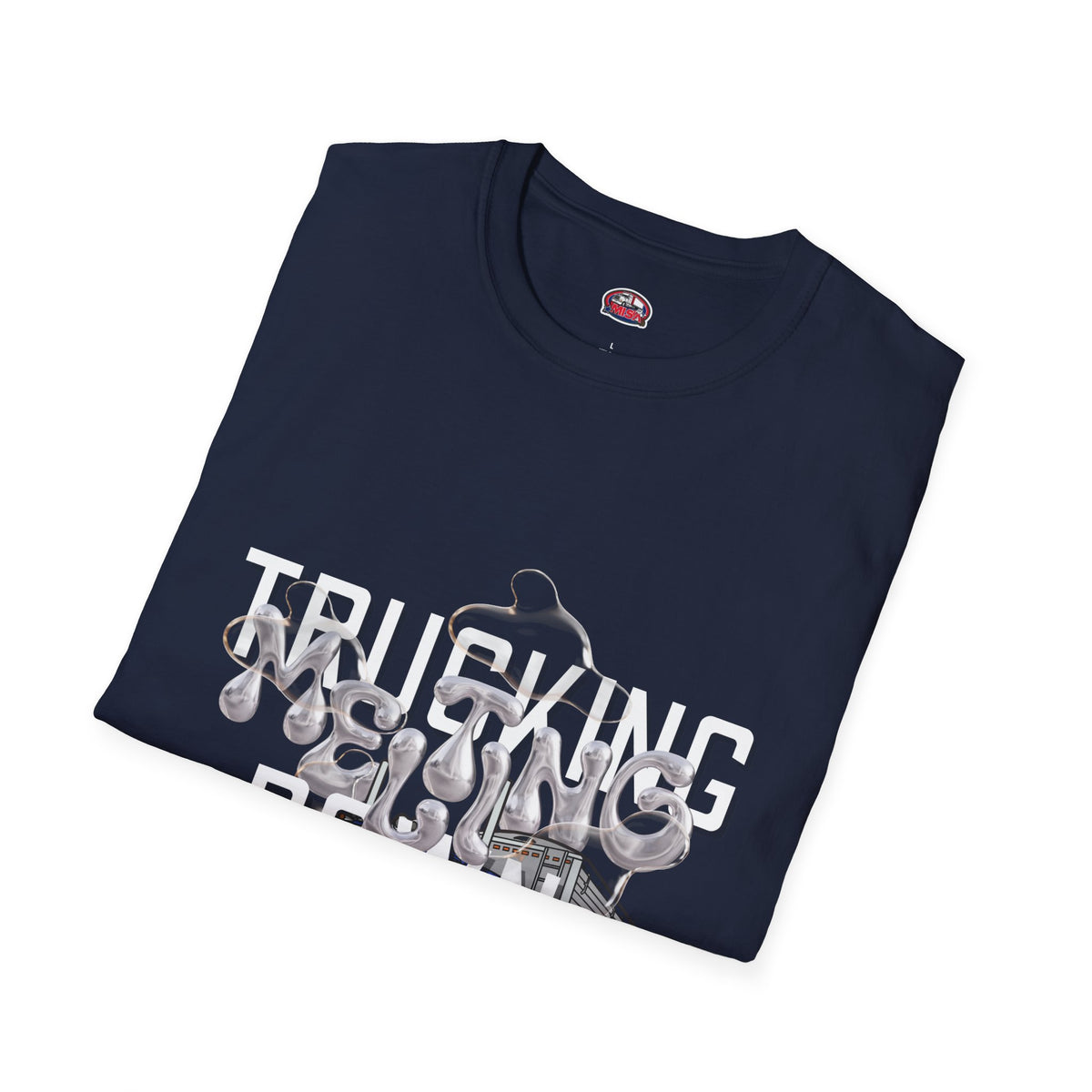Dark heather Trucking Collection T-Shirt by Printify featuring bold text celebrating the worst market in a decade.