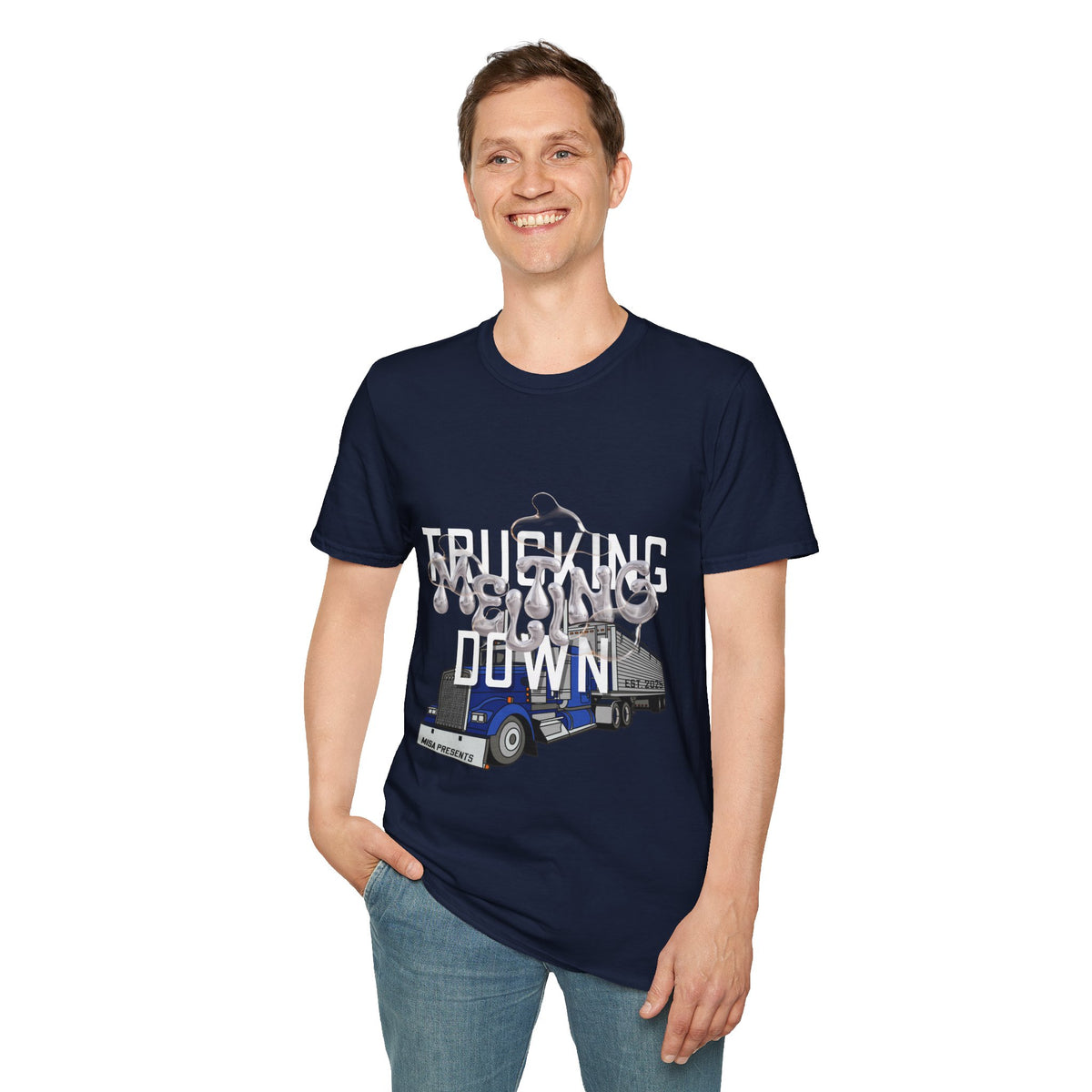 Dark heather trucking collection T-shirt by Printify featuring bold text celebrating the worst market in a decade.