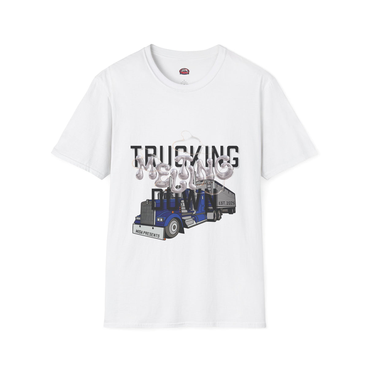 Heather navy unisex trucking T-shirt from Printify's Melting Down collection, featuring freight broker and trucker-themed graphics.