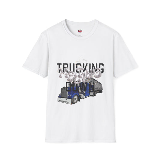 Heather navy unisex trucking T-shirt from Printify's Melting Down collection, featuring freight broker and trucker-themed graphics.