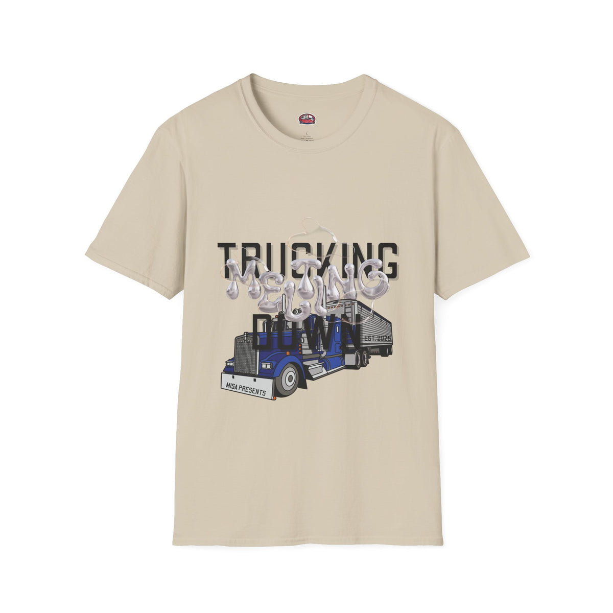 Heather navy unisex trucking T-shirt from Printify's Melting Down collection, featuring freight broker and trucker-themed design.