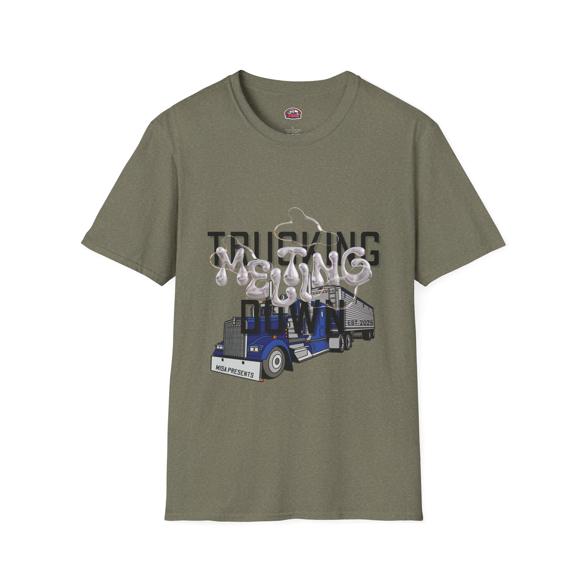 Heather navy unisex trucking melting down T-shirt from Printify, featuring freight broker and trucker graphic design.