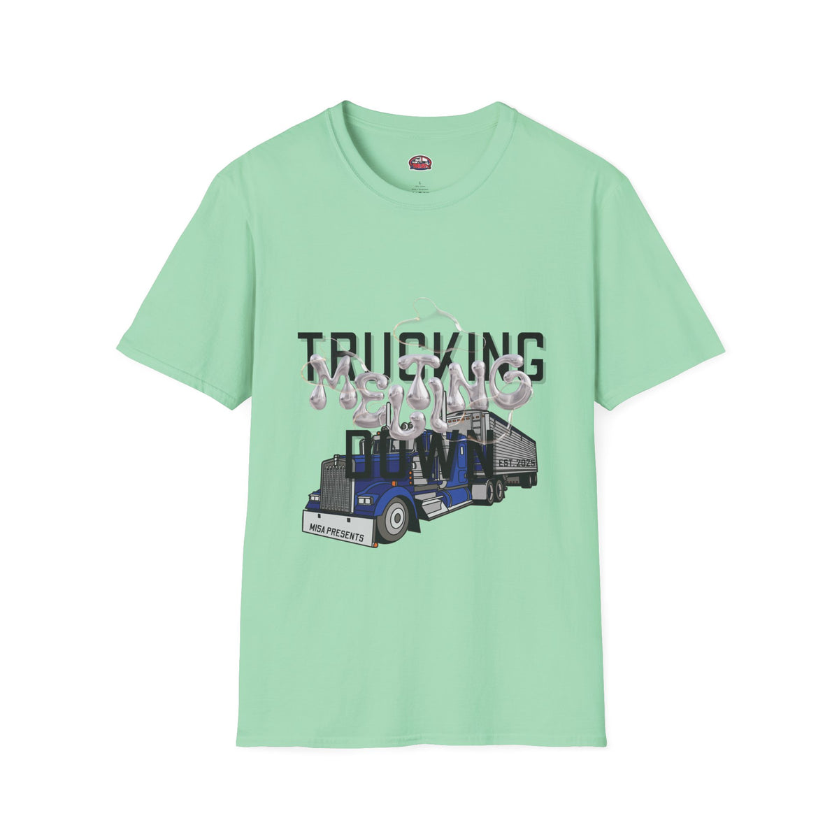 Heather navy unisex Trucking Melting Down T-Shirt by Printify, featuring truck-themed graphic for freight brokers and truckers.