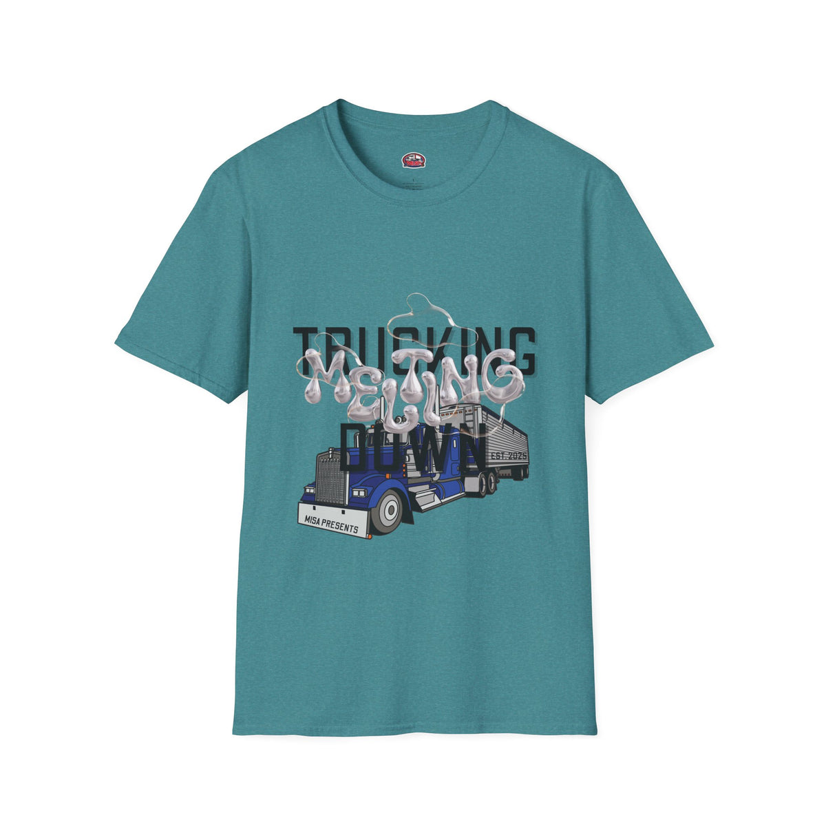 Unisex Heather Navy T-shirt from Printify's Trucking Melting Down collection, featuring truck and freight broker graphics.