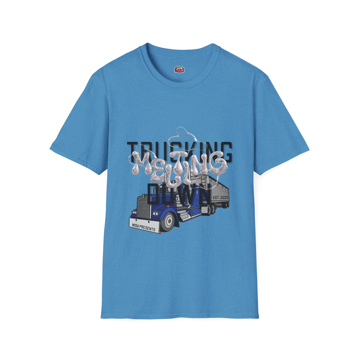Heather navy unisex trucking T-shirt from Printify's Melting Down collection, designed for freight brokers and truckers.