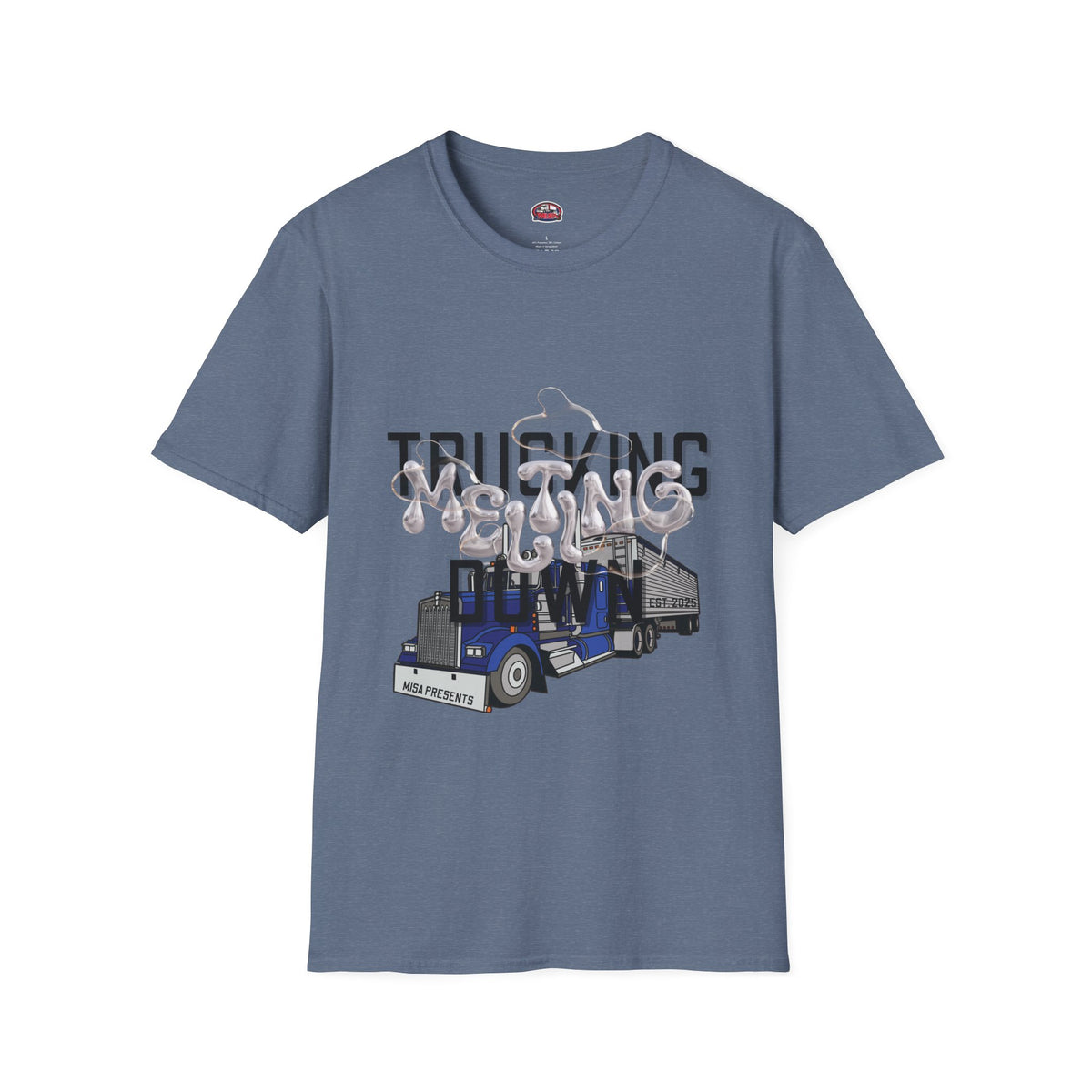 Unisex Heather Navy T-Shirt from Printify's Trucking Melting Down collection, featuring trucking and freight broker graphic design.