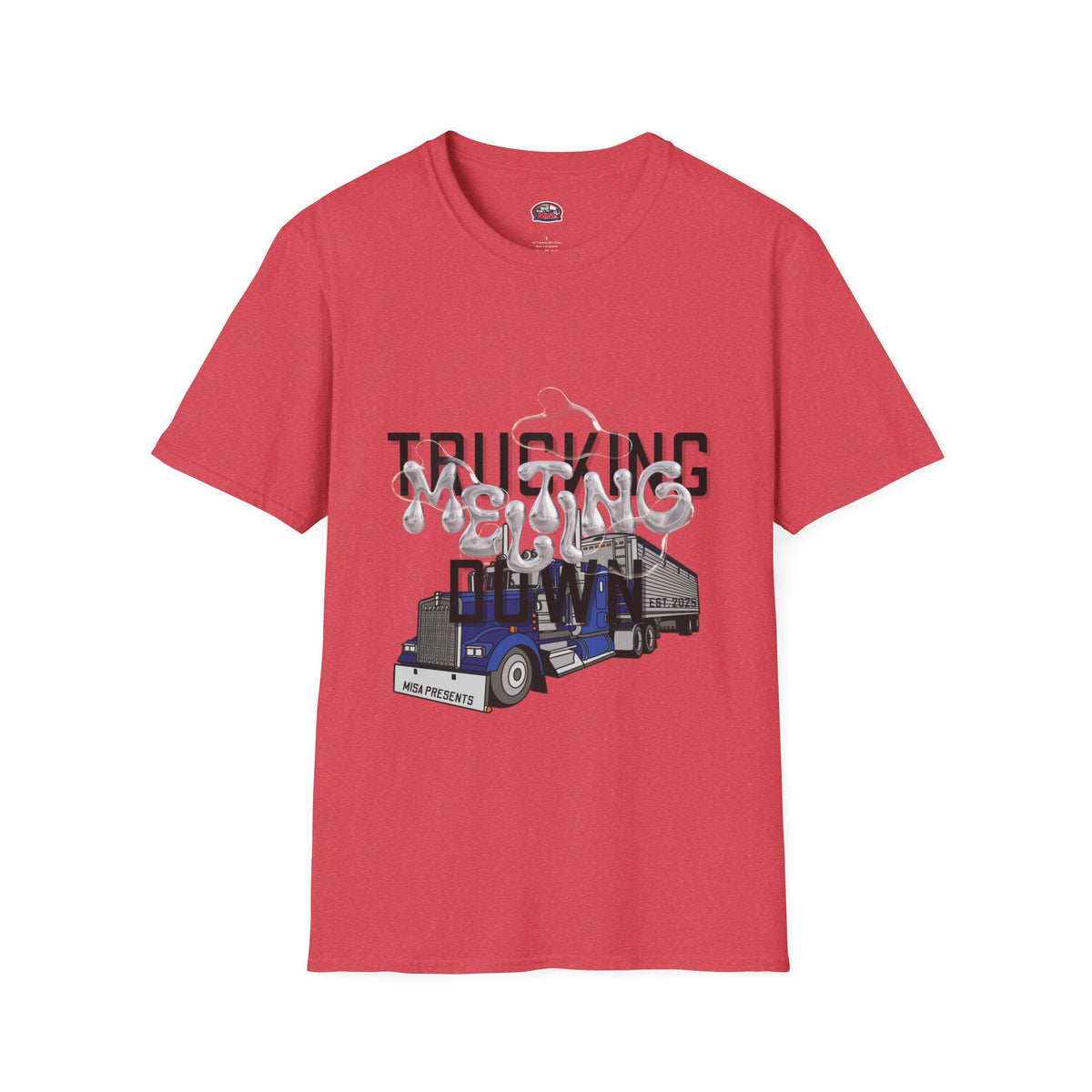 Heather navy unisex T-shirt from Printify's Trucking Melting Down collection, featuring freight broker and trucker-themed graphics.