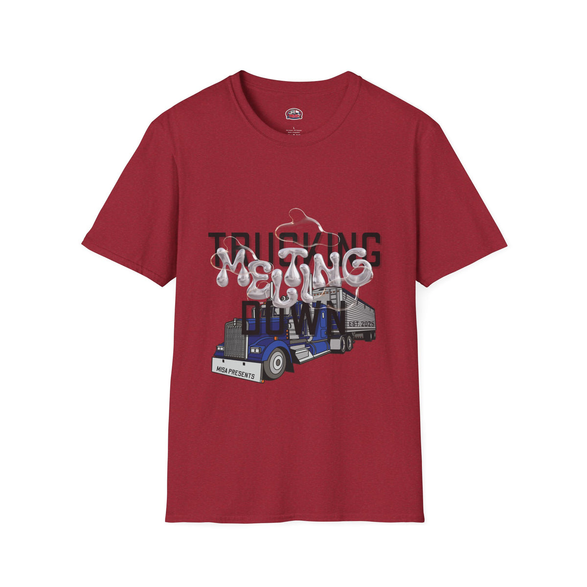 Heather navy unisex trucking T-shirt from Printify's Melting Down collection, featuring freight broker and trucker-themed design.