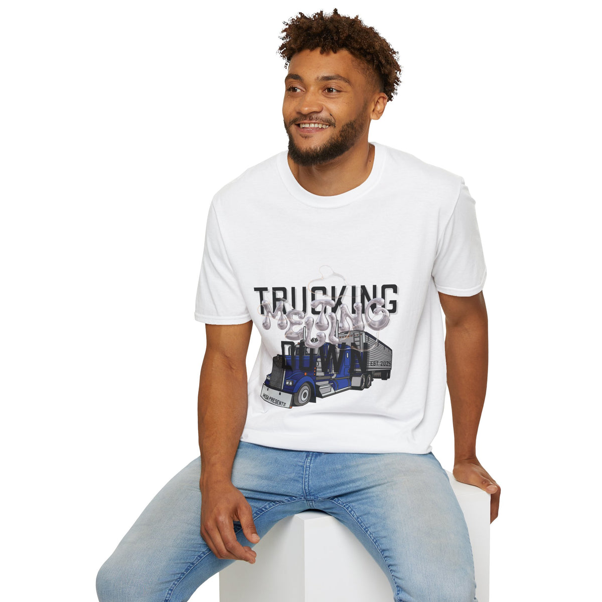 Unisex Heather Navy T-Shirt from Printify's Trucking Melting Down collection for freight brokers and truckers, with trucking graphic.