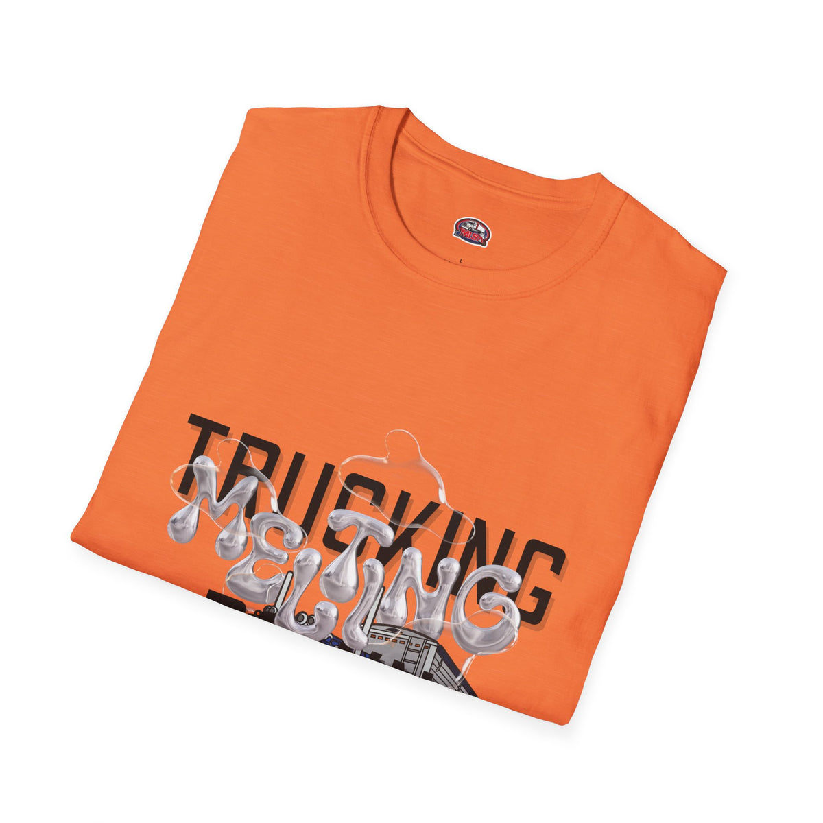 Heather navy unisex trucking melting down T-shirt from Printify’s freight broker and trucker collection, featuring bold truck graphics.