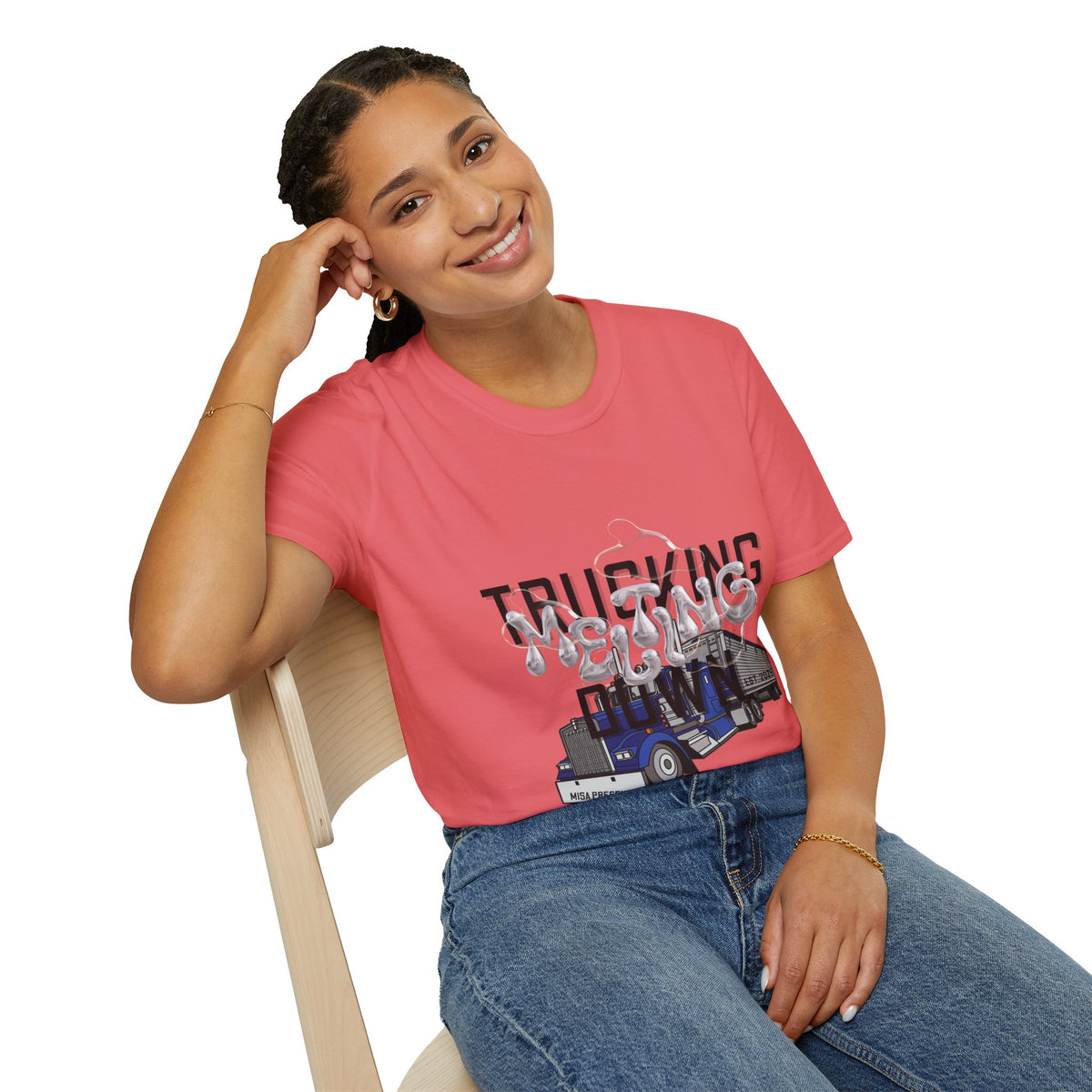 Unisex Heather Navy T-Shirt from Printify's Trucking Melting Down collection, featuring trucking-themed graphic design.