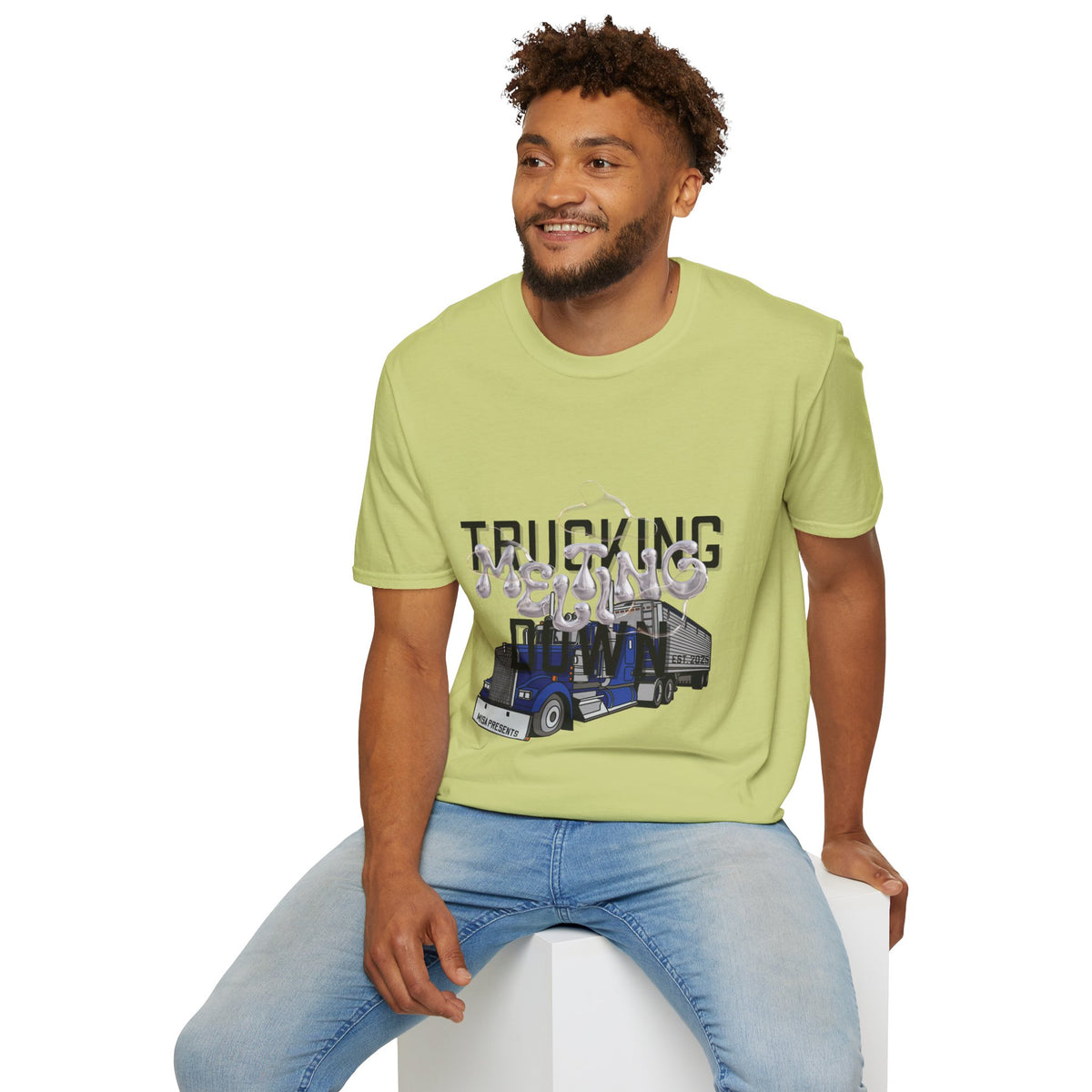 Unisex Heather Navy T-Shirt from Printify's Trucking Melting Down collection, featuring trucking-themed graphic for freight brokers and truckers.