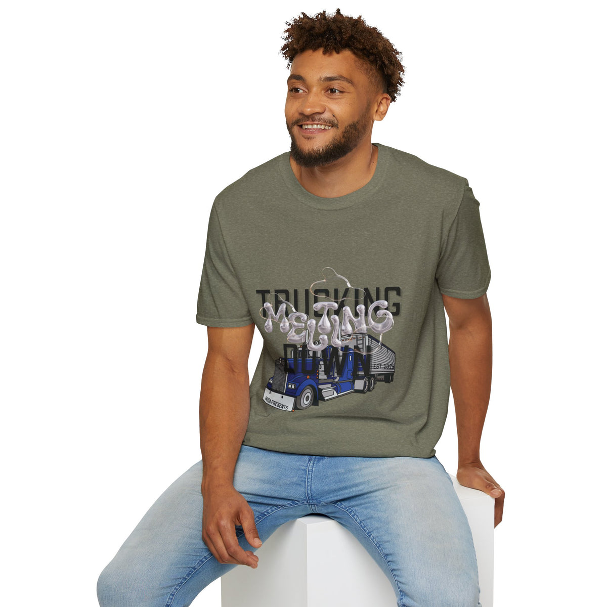 Heather navy unisex trucking melting down T-shirt by Printify, featuring freight broker and trucker-themed graphic design.