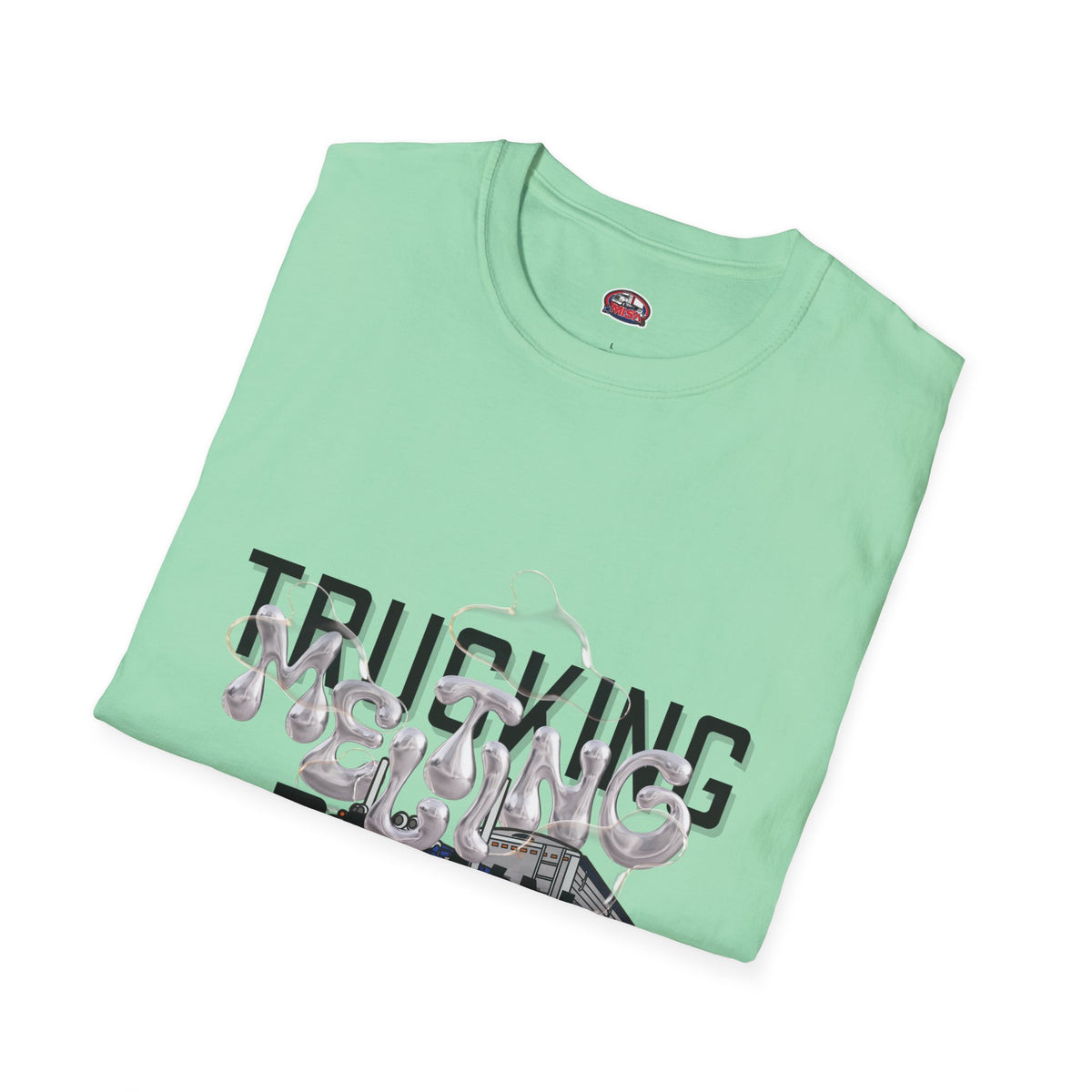 Unisex Heather Navy T-Shirt from Printify's Trucking Melting Down collection, featuring trucking-themed graphic design.