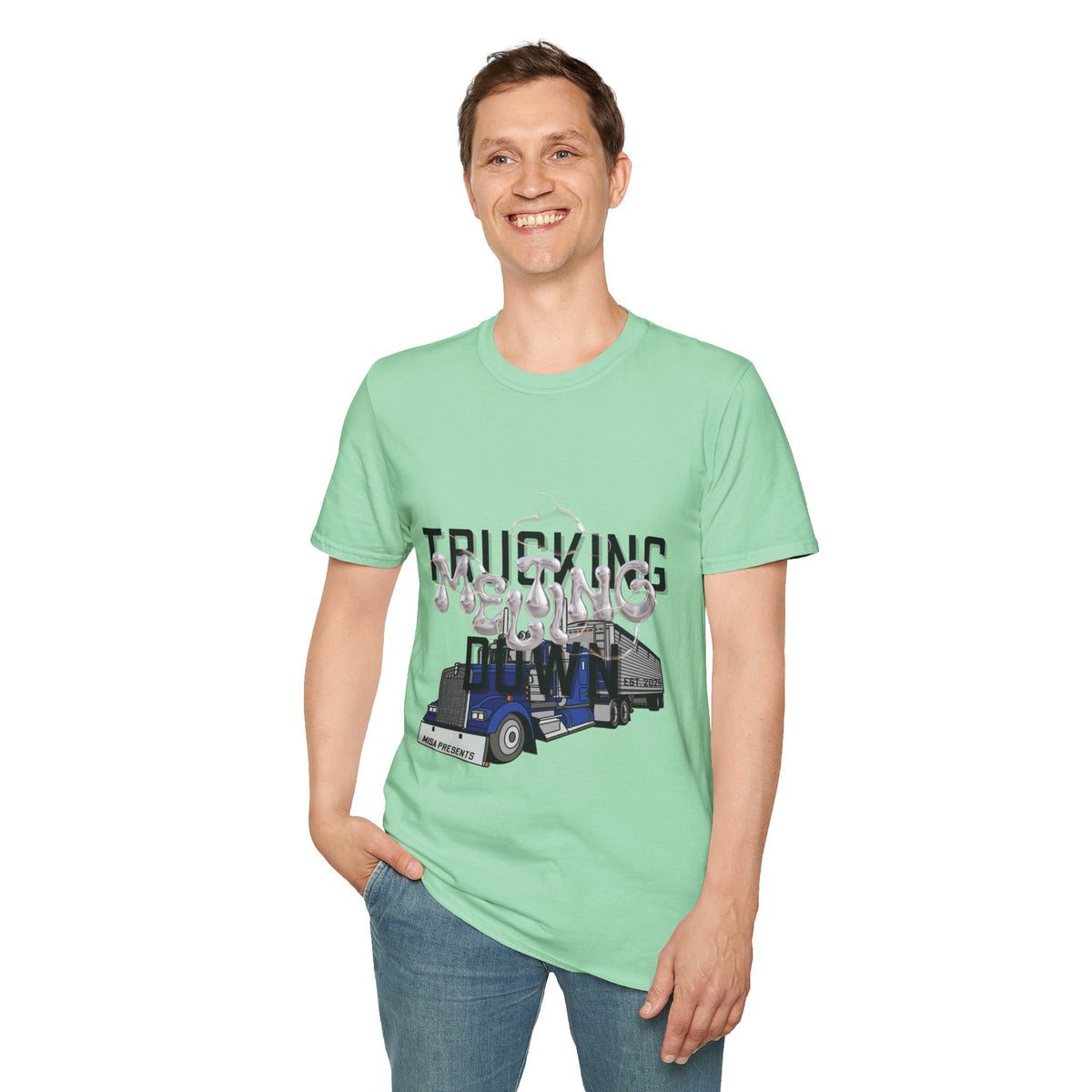 Heather navy unisex trucking melting down T-shirt from Printify, featuring freight broker and trucker graphic design.
