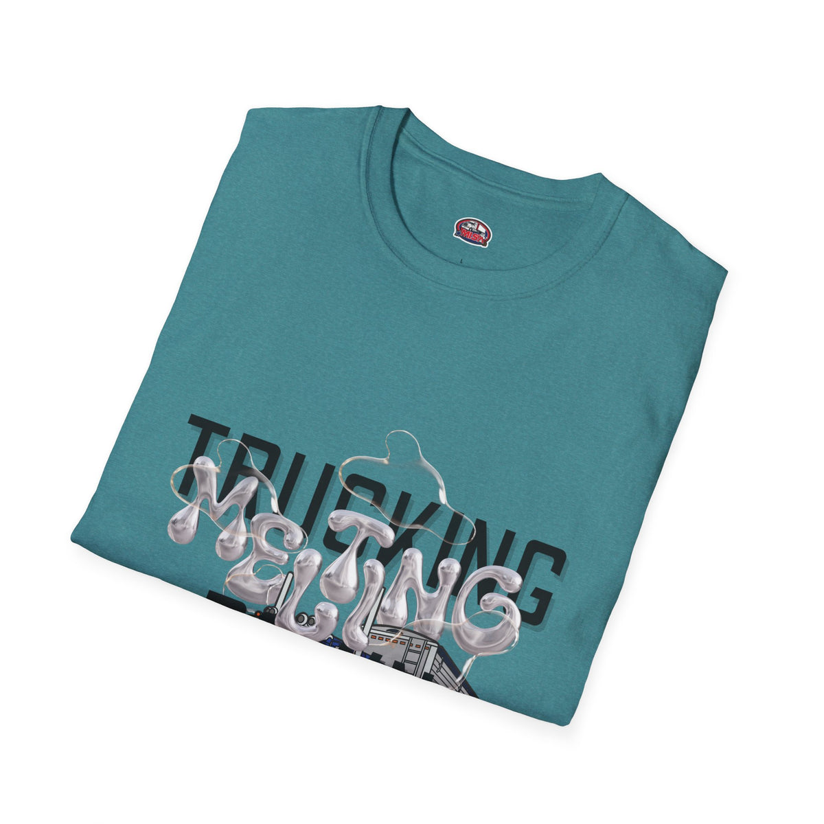 Unisex navy T-shirt from Printify's Trucking Melting Down collection, featuring freight broker and trucker-themed graphic.