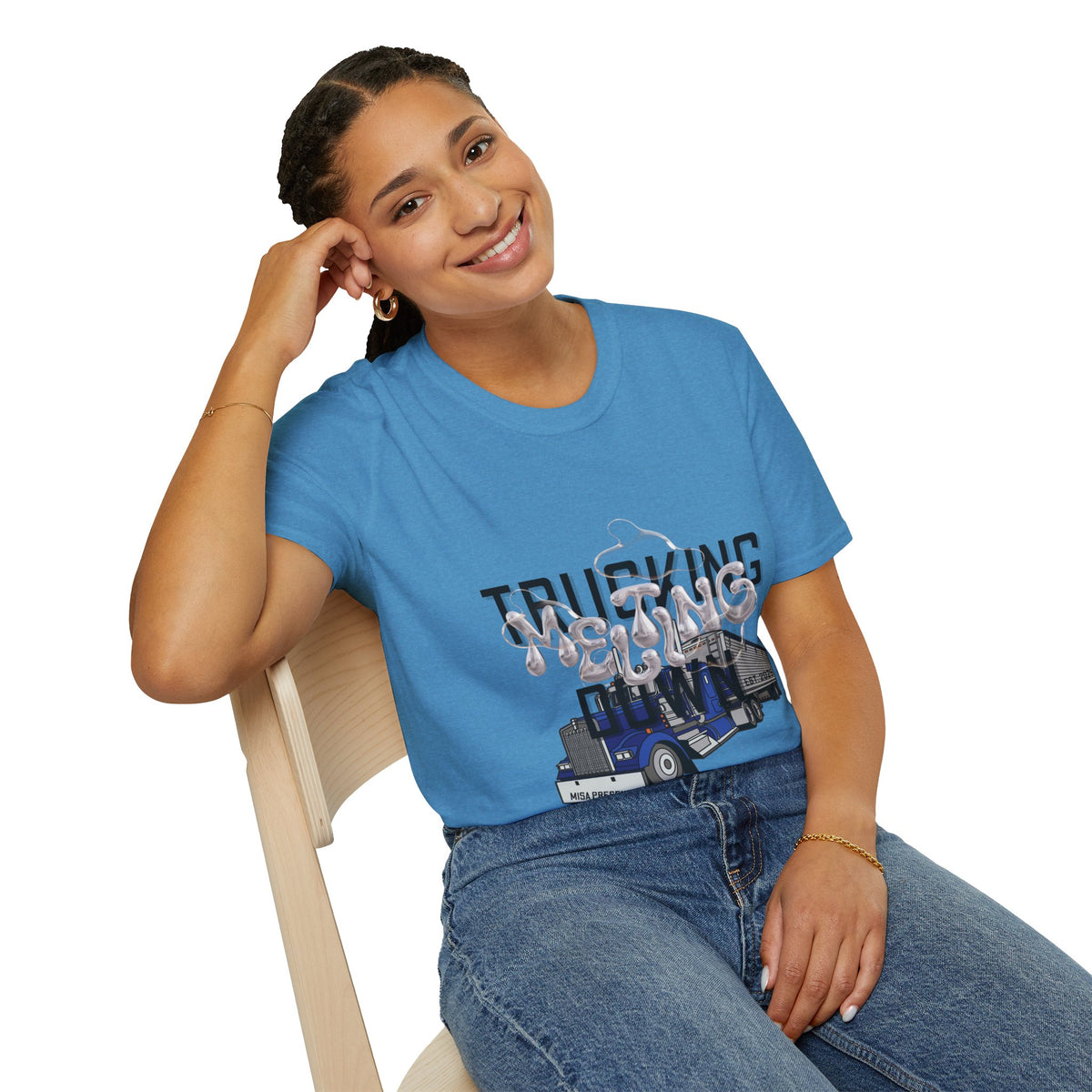 Heather navy unisex T-shirt from Printify's Trucking Melting Down collection, featuring trucking and freight broker graphic design.