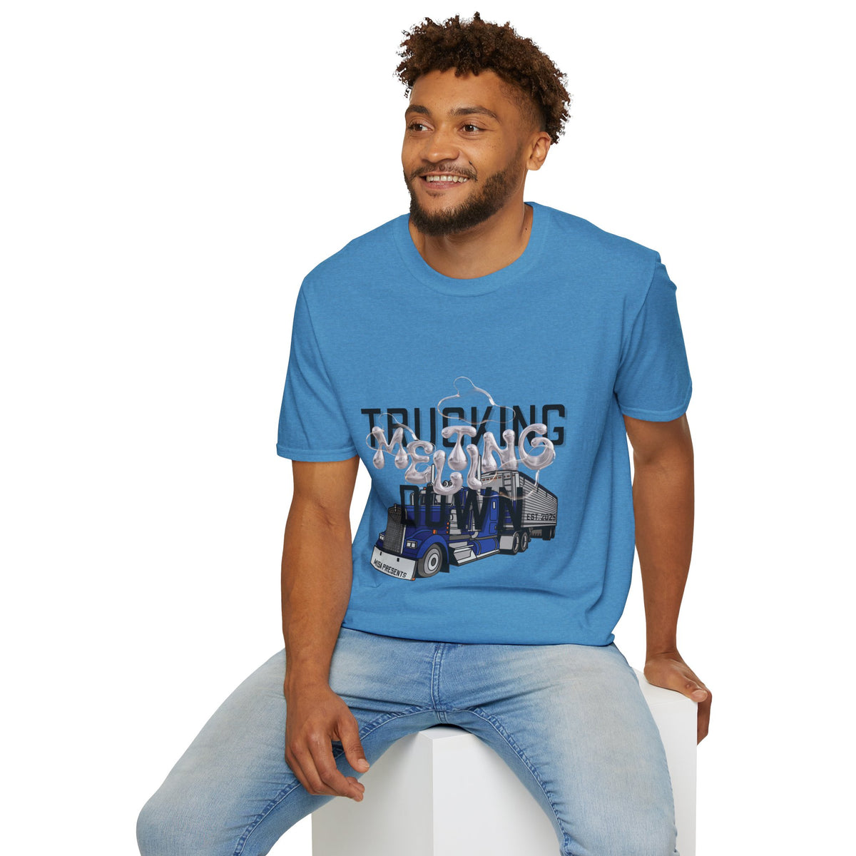 Heather navy unisex trucking T-shirt from Printify's Melting Down collection, designed for freight brokers and truckers.