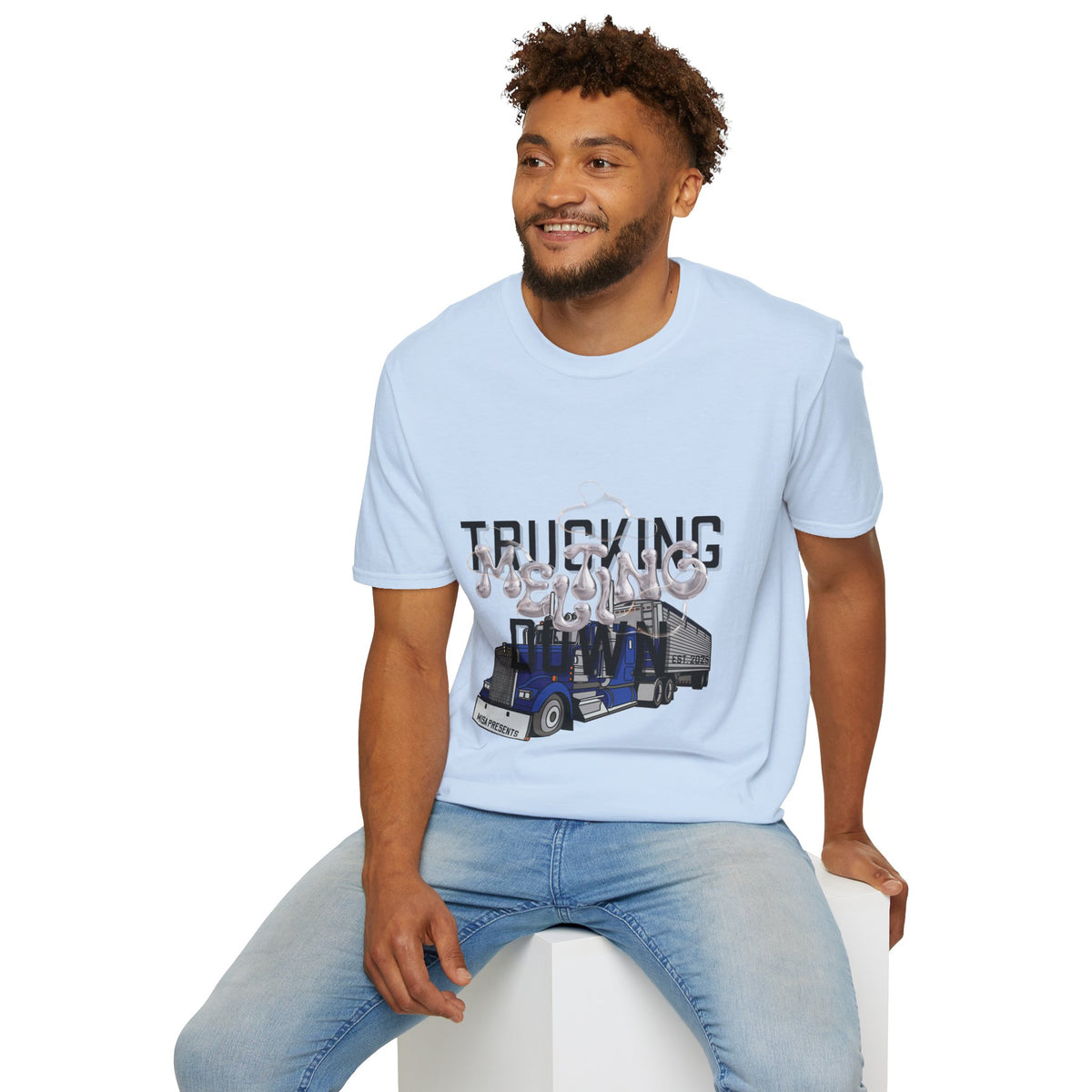 Unisex Heather Navy T-Shirt from Printify's Trucking Melting Down collection featuring freight broker and trucker-themed design.