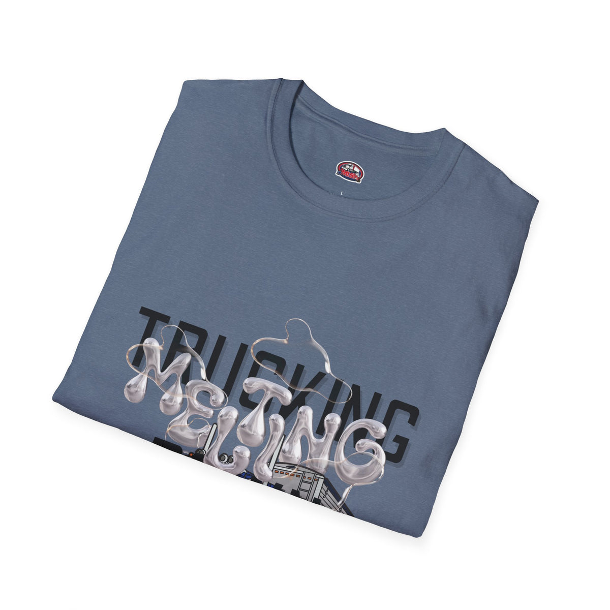 Heather navy unisex T-shirt from Printify's Trucking Melting Down collection, featuring trucking and freight broker graphics.