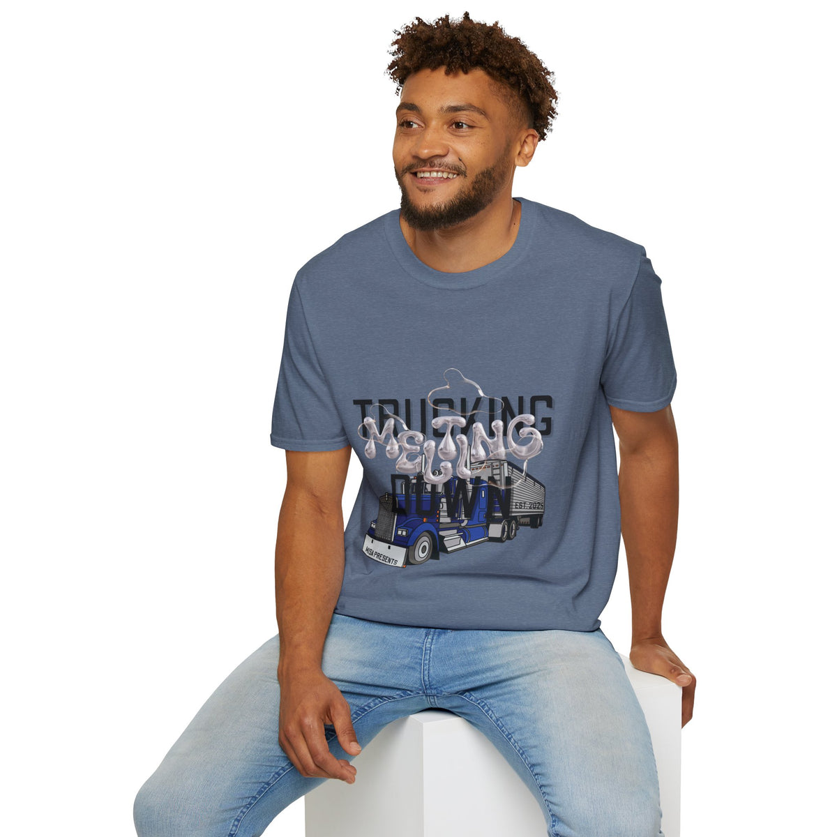 Heather navy unisex T-shirt from Printify's Trucking Melting Down collection, featuring trucking-themed graphic for freight brokers and truckers.