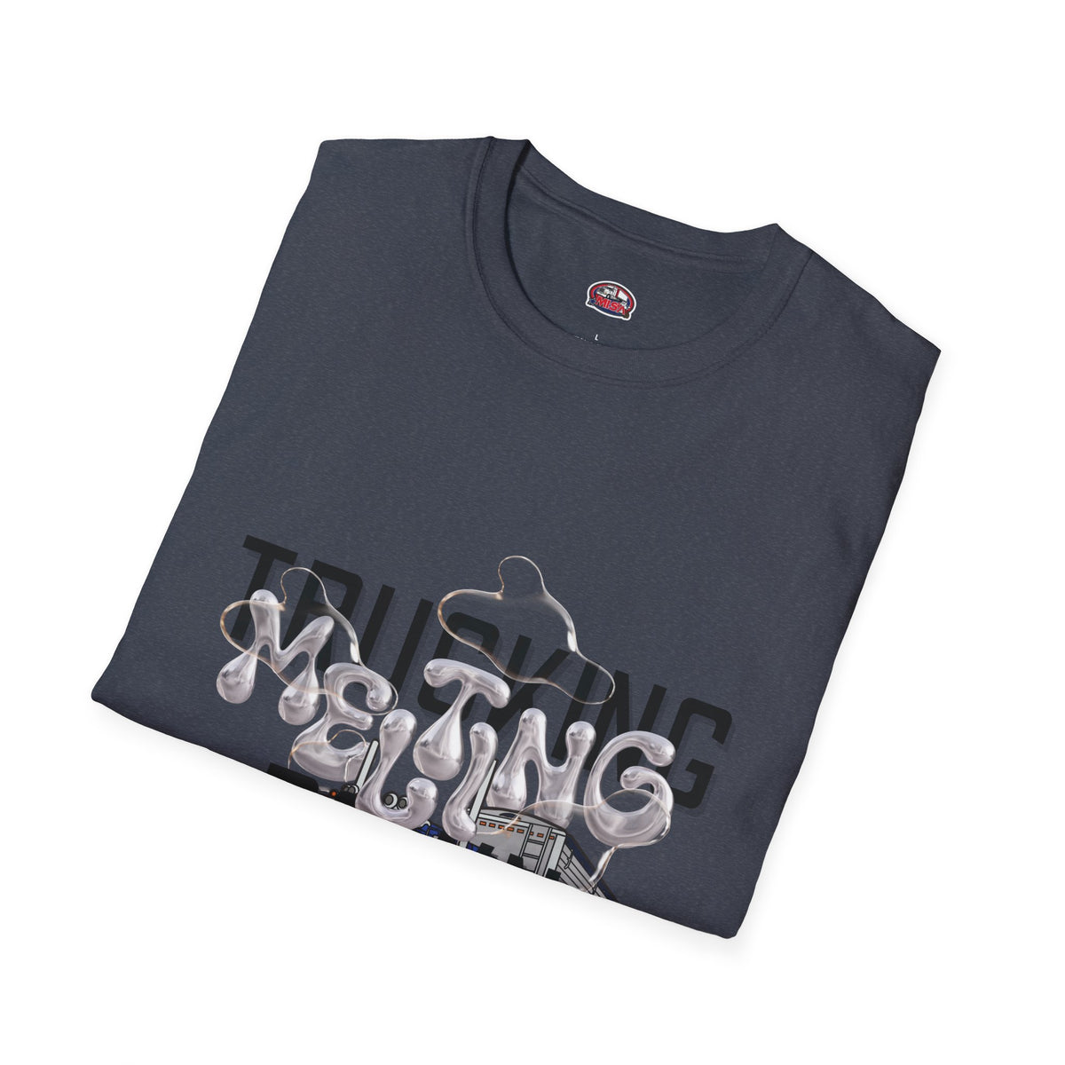 Heather navy unisex T-shirt from Printify's Trucking Melting Down collection, featuring trucking and freight broker graphics.