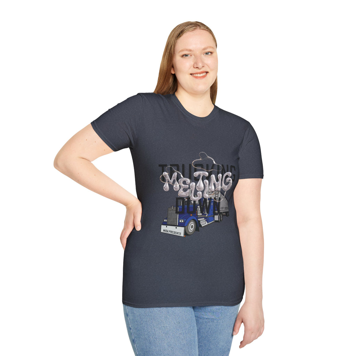 Heather navy unisex trucking T-shirt from Printify's Melting Down collection, designed for freight brokers and truckers.