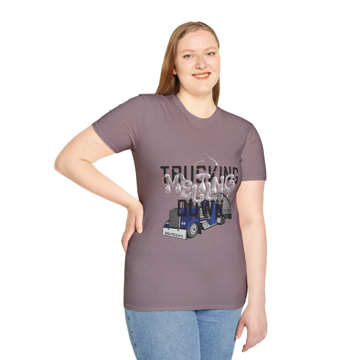 Heather navy unisex T-shirt from Printify's Trucking Melting Down collection, featuring trucker and freight broker graphic.