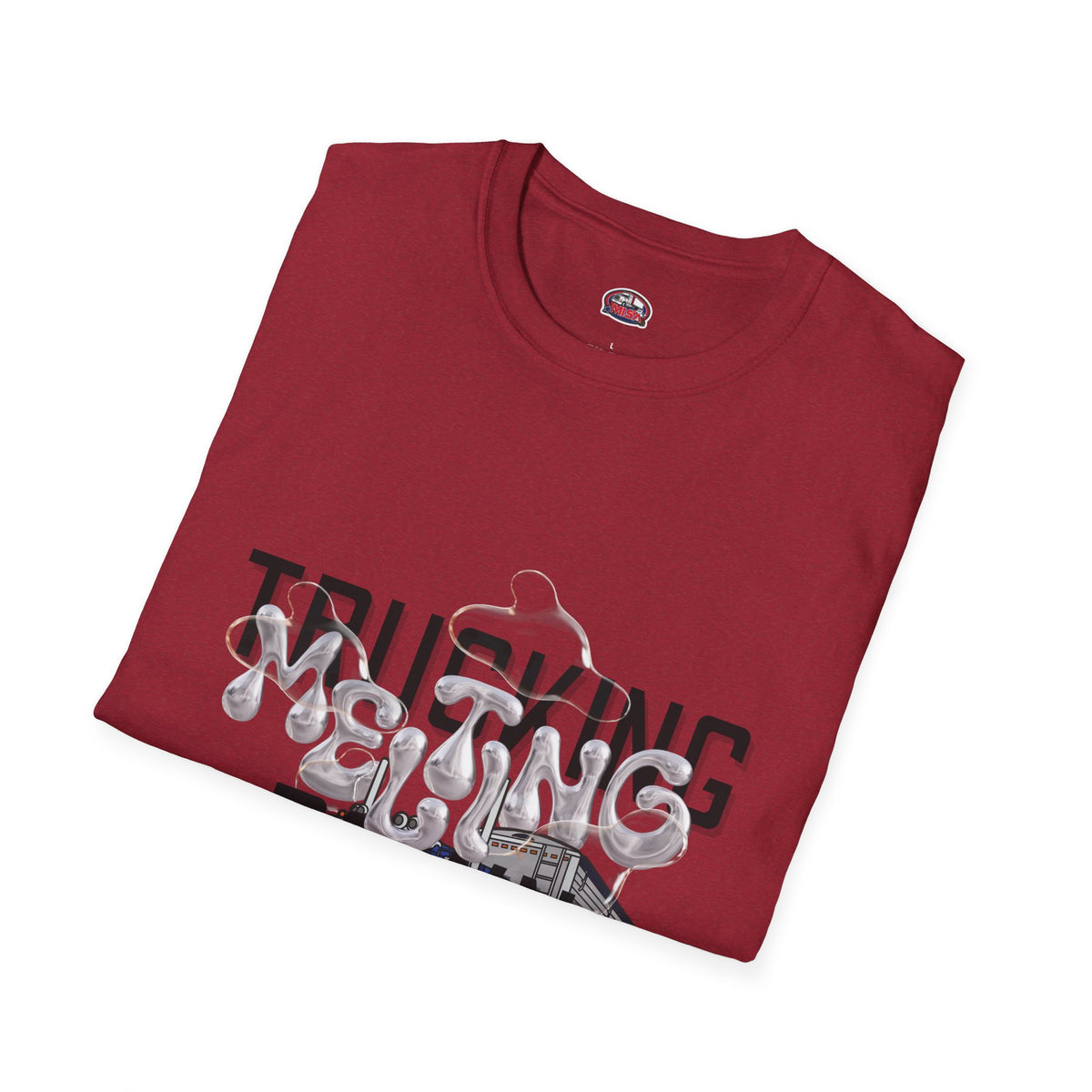 Unisex navy Heather T-Shirt from Printify's Trucking Melting Down collection, featuring trucking and freight broker graphics.