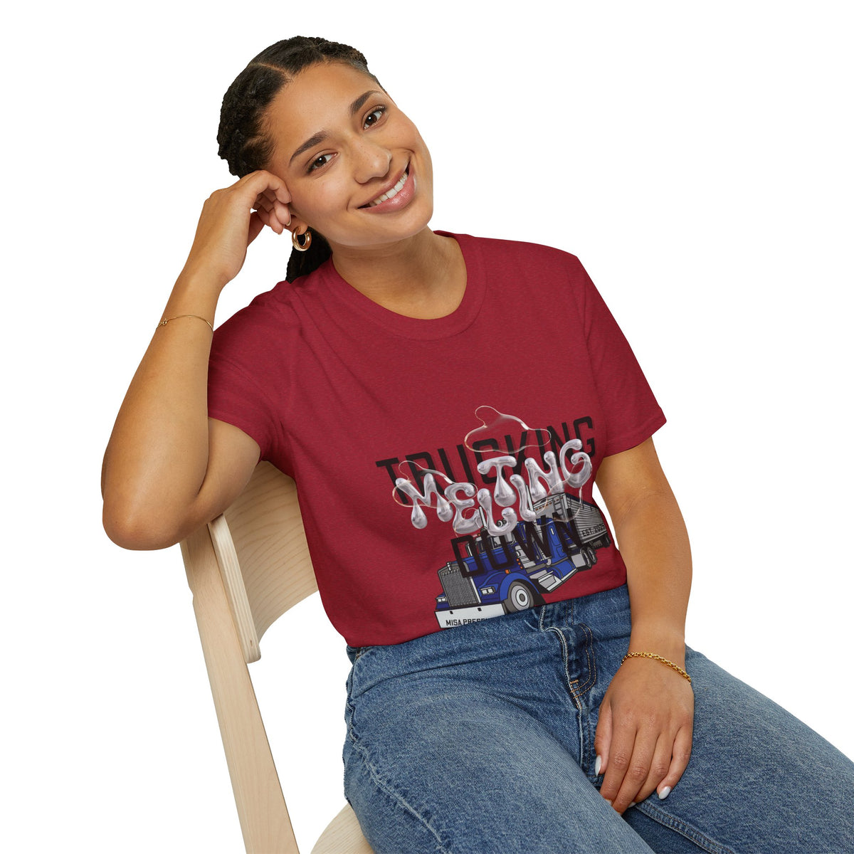 Heather navy unisex T-shirt from Printify's Trucking Melting Down collection, designed for freight brokers and truckers.
