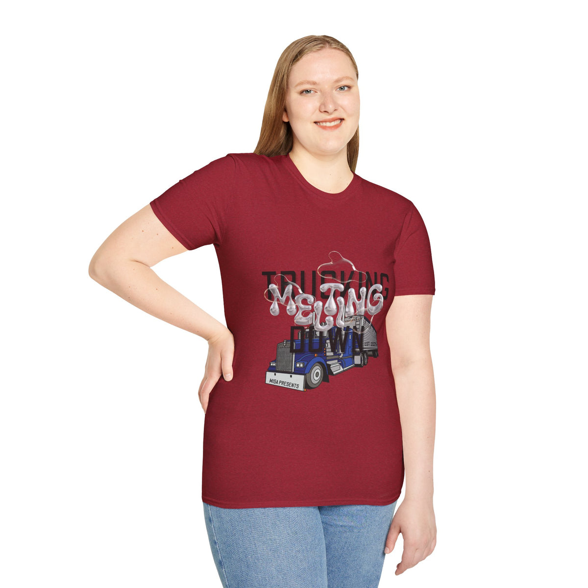 Heather navy unisex T-shirt from Printify's Trucking Melting Down collection, featuring trucking-themed design for freight brokers and truckers.