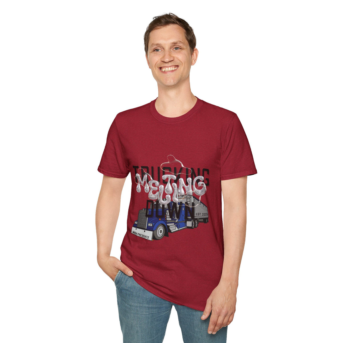 Heather navy unisex trucking T-shirt from Printify's Melting Down collection, featuring freight broker and trucker-themed design.