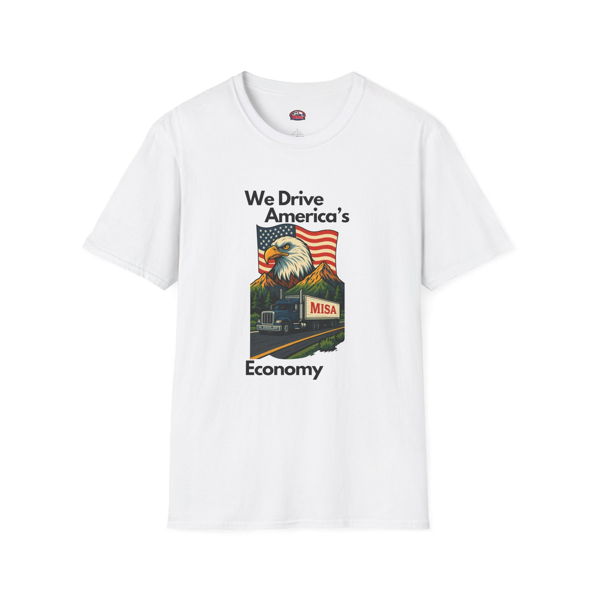 White patriotic unisex T-shirt by Printify featuring a "We Drive America's Economy" graphic design.