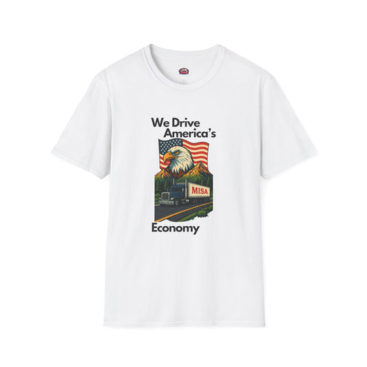 White patriotic unisex T-shirt by Printify featuring a "We Drive America's Economy" graphic design.