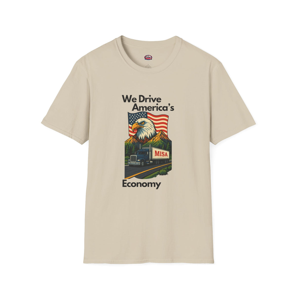 White patriotic unisex T-shirt by Printify featuring a "We Drive America's Economy" design, casual and comfortable fit.